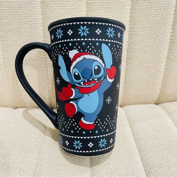 NEW Disney‎ Stitch Christmas Santa Winter Black Blue Tall Coffee Mug - Picture 1 of 3